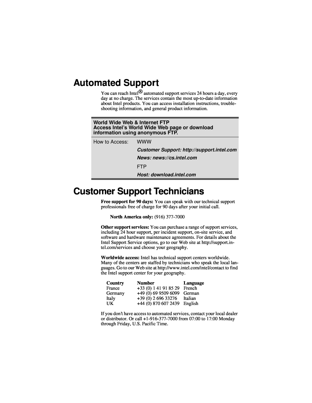 Intel 1000SX manual Automated Support, Customer Support Technicians, World Wide Web & Internet FTP, Host download.intel.com 