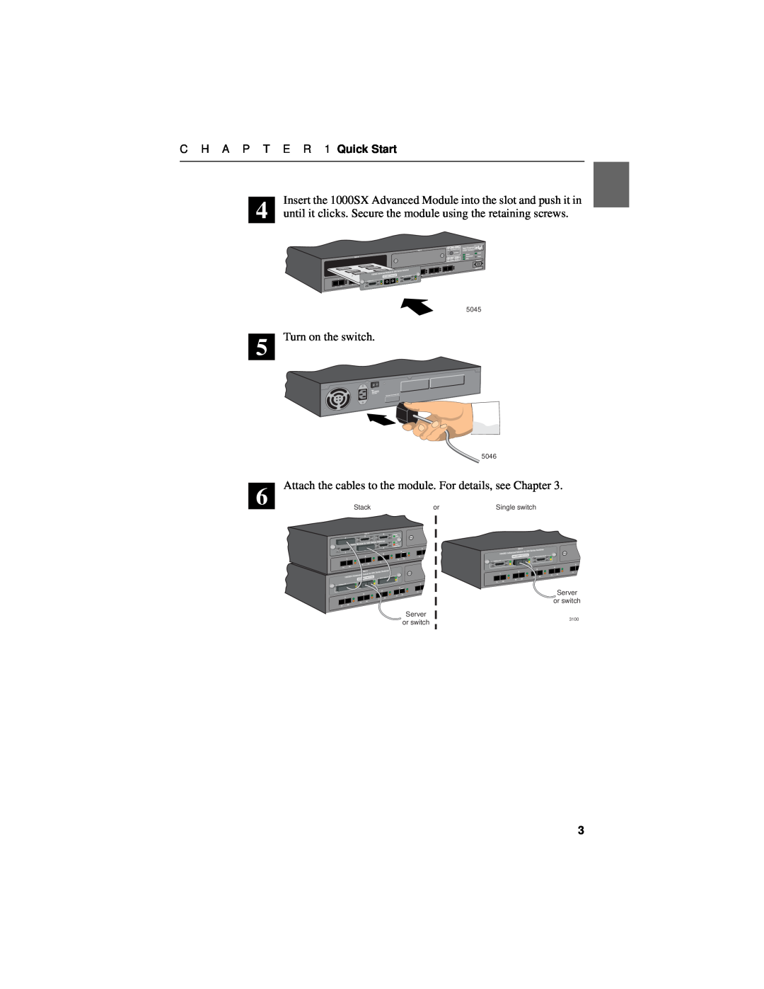 Intel 1000SX manual C H A P T E R 1 Quick Start, 5045, 5046, Stack, Server, or switch, Single switch, 3100 