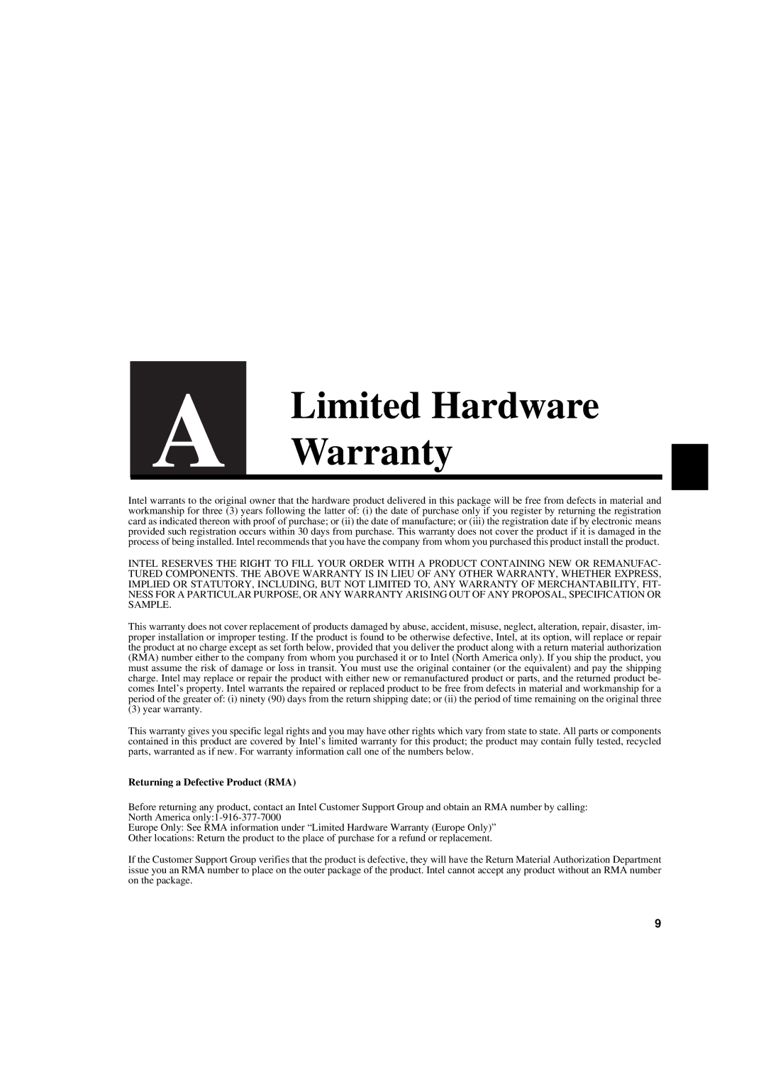 Intel 1000SX manual Limited Hardware Warranty 