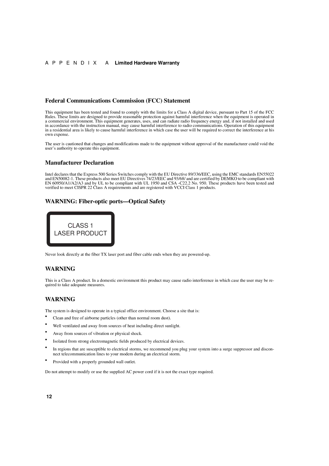 Intel 1000SX manual Federal Communications Commission FCC Statement 