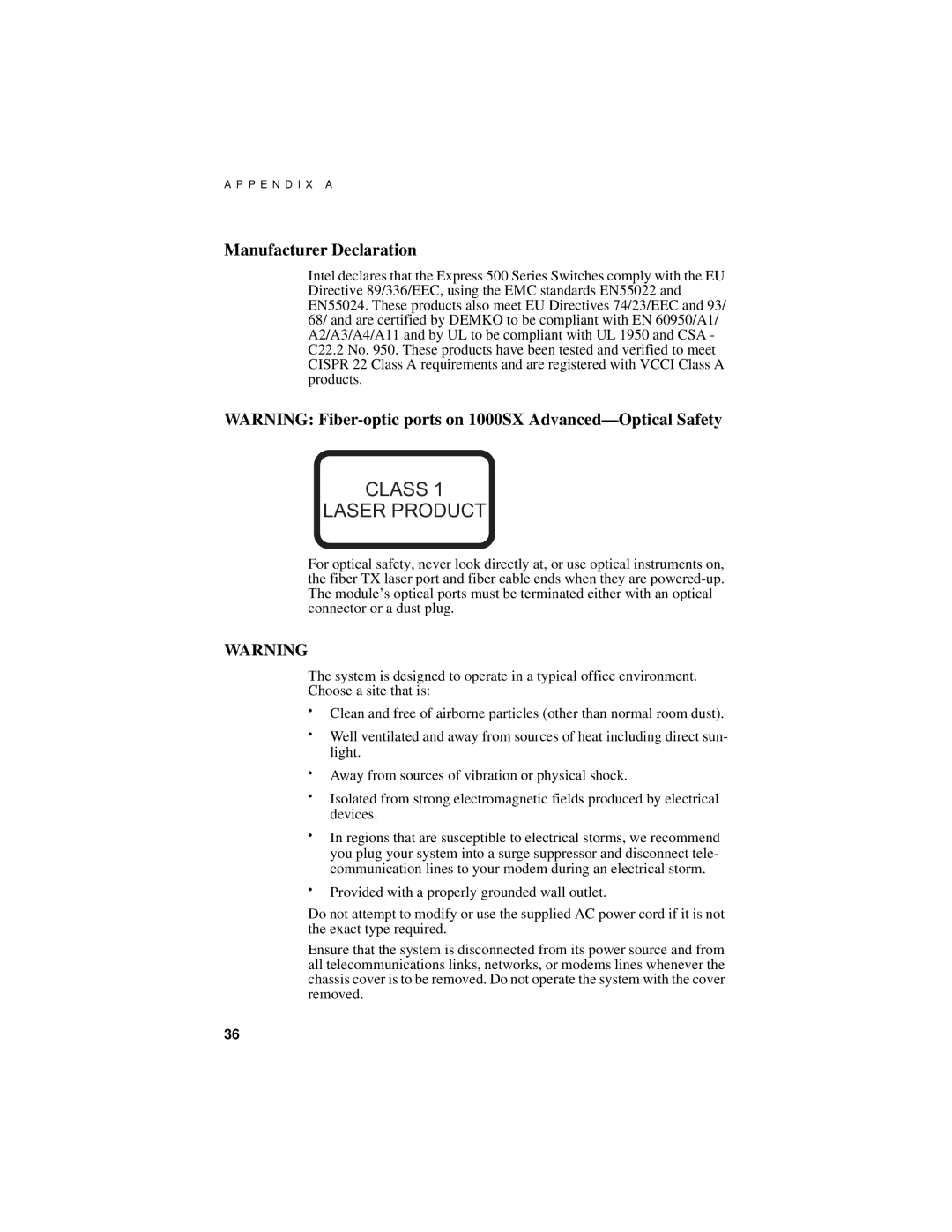 Intel 1000SX manual Manufacturer Declaration 