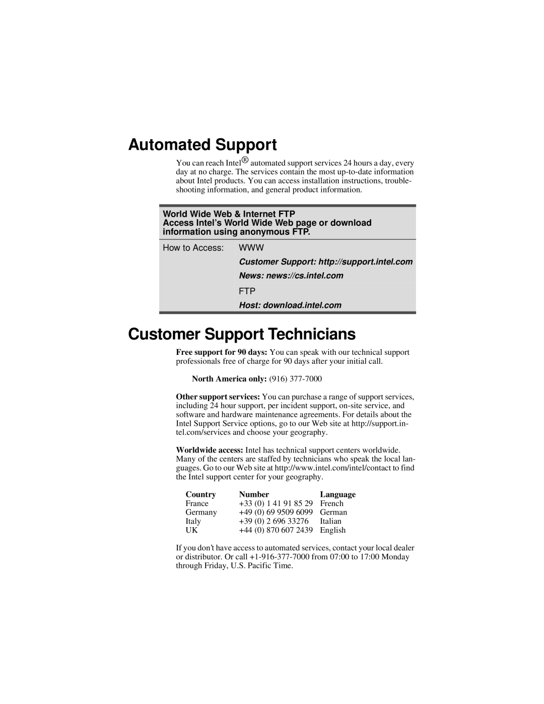 Intel 1000SX manual Automated Support, Customer Support Technicians, North America only 916 Country Number Language 