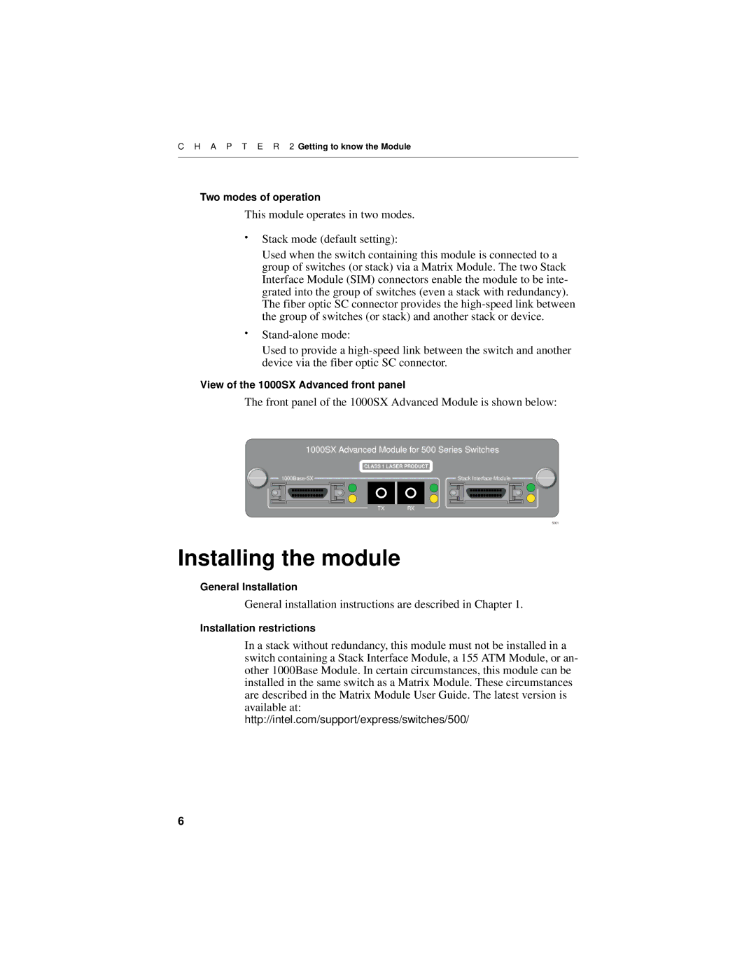 Intel manual Installing the module, Front panel of the 1000SX Advanced Module is shown below 