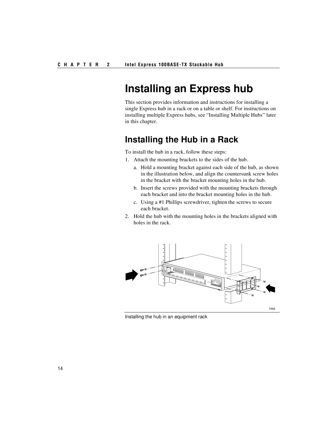 Intel 100BASE-TX manual Installing an Express hub, Installing the Hub in a Rack 