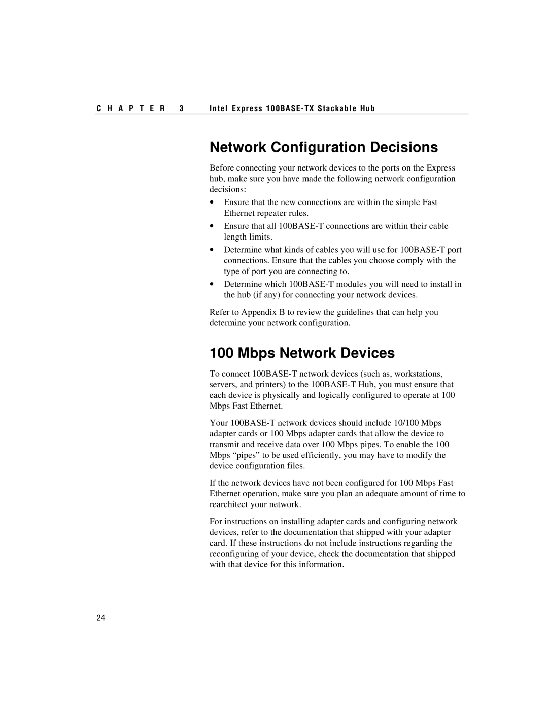 Intel 100BASE-TX manual Network Configuration Decisions, Mbps Network Devices, C H A P T E R 