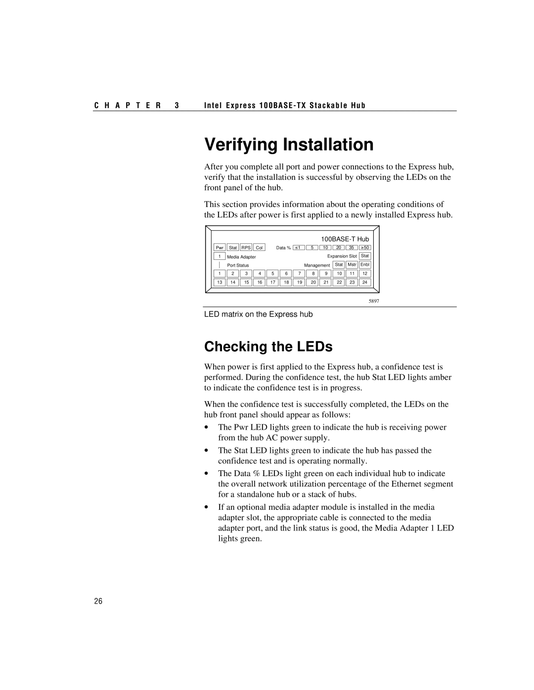 Intel 100BASE-TX manual Verifying Installation, Checking the LEDs 