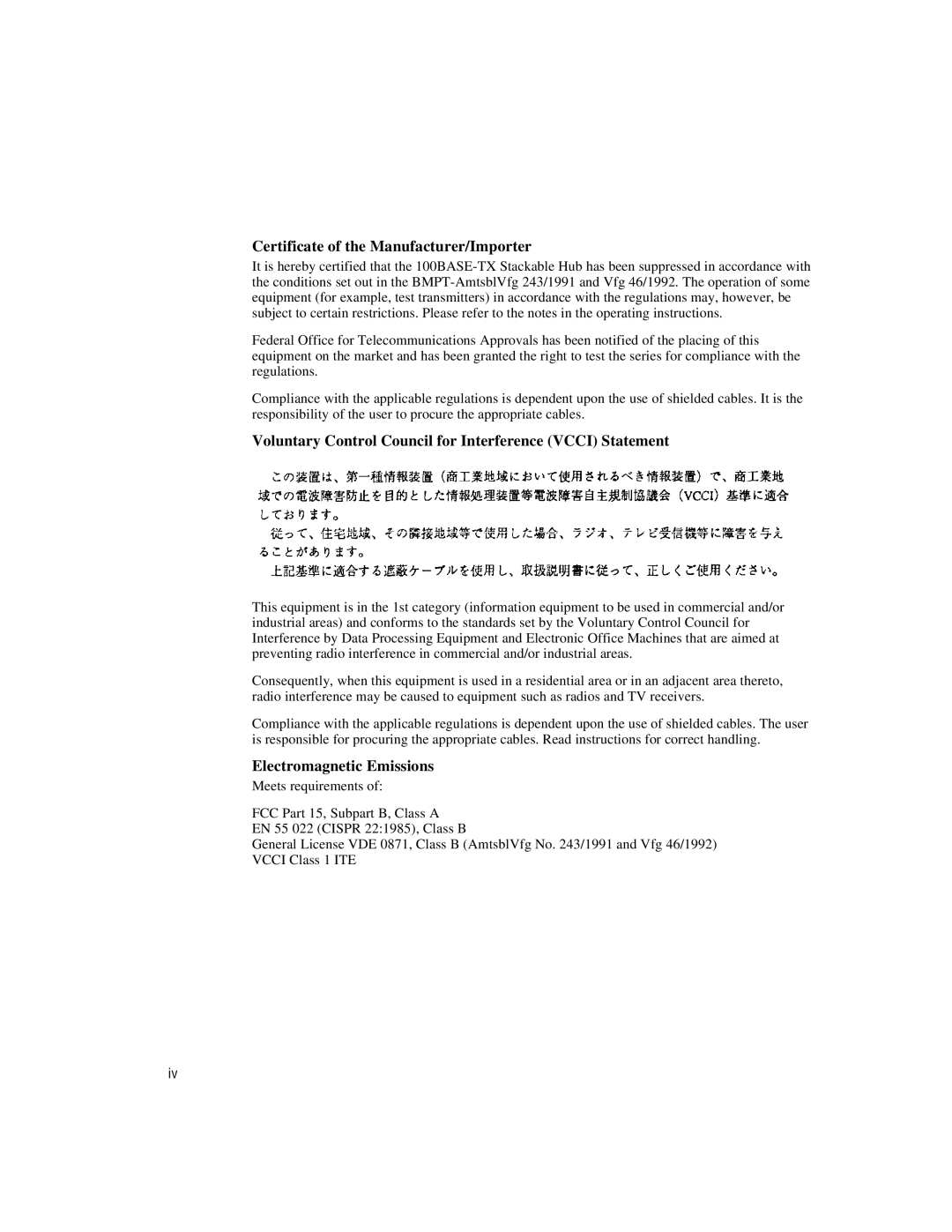 Intel 100BASE-TX manual Certificate of the Manufacturer/Importer, Electromagnetic Emissions 