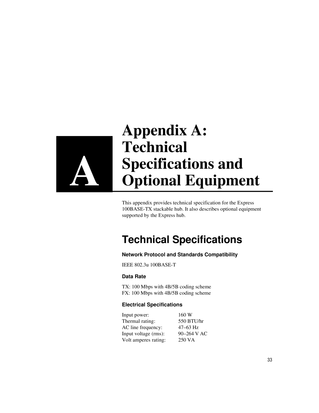 Intel 100BASE-TX manual Appendix A Technical Specifications and, Optional Equipment 