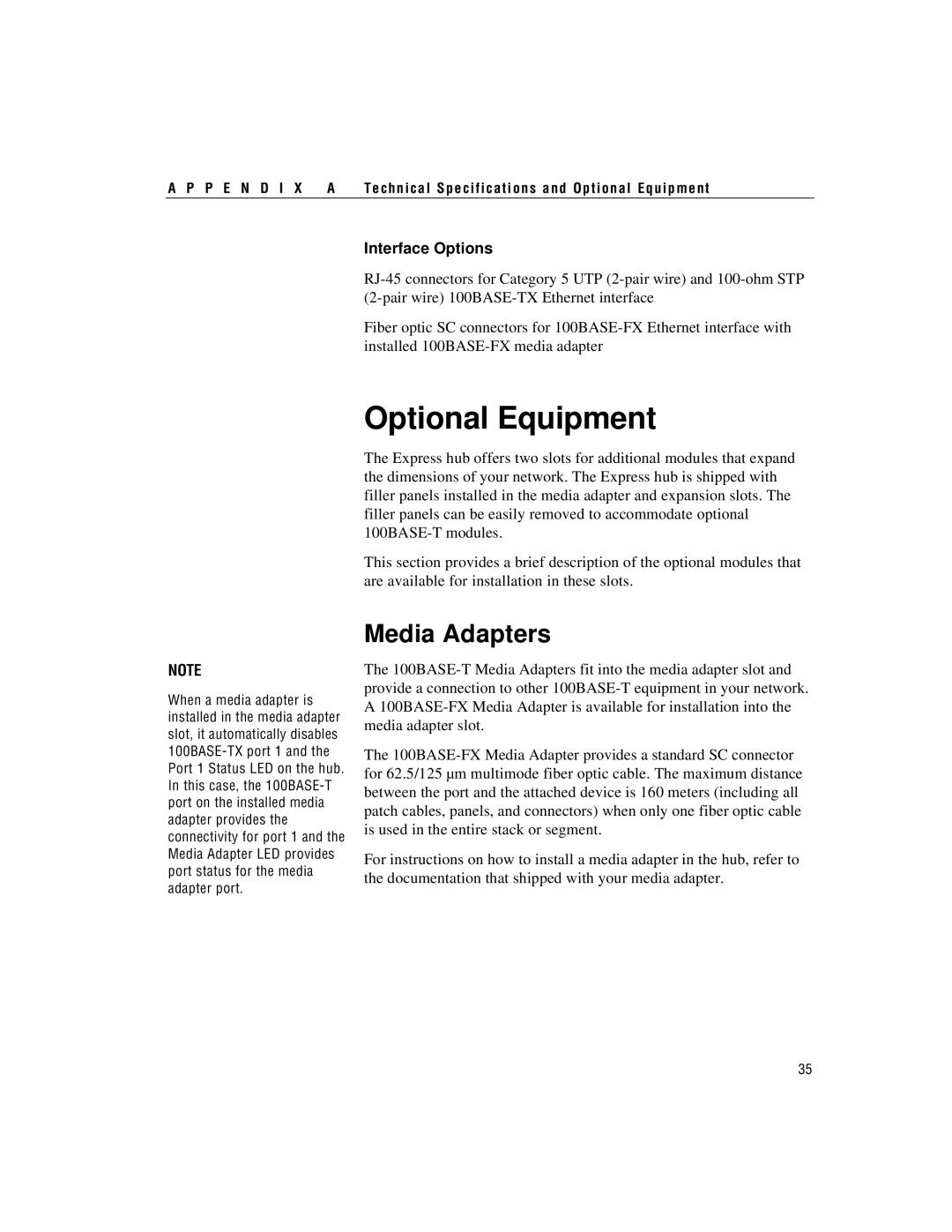 Intel 100BASE-TX manual Optional Equipment, Media Adapters 