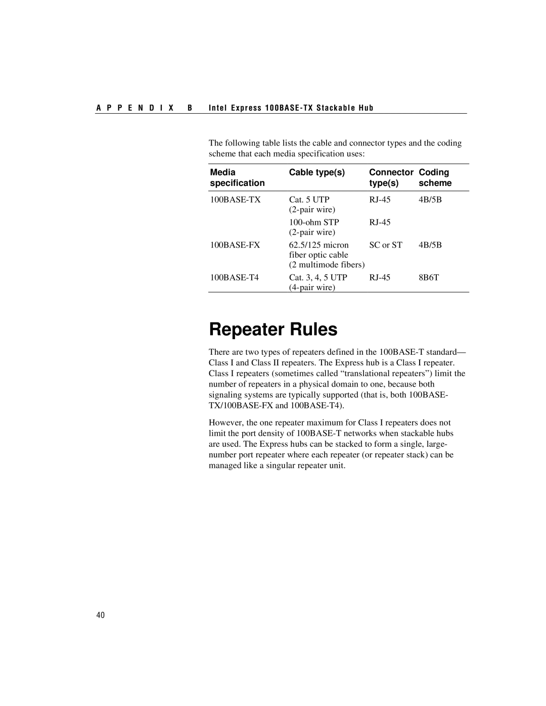 Intel 100BASE-TX manual Repeater Rules, Media, Cable types, Connector, Coding, specification, scheme 