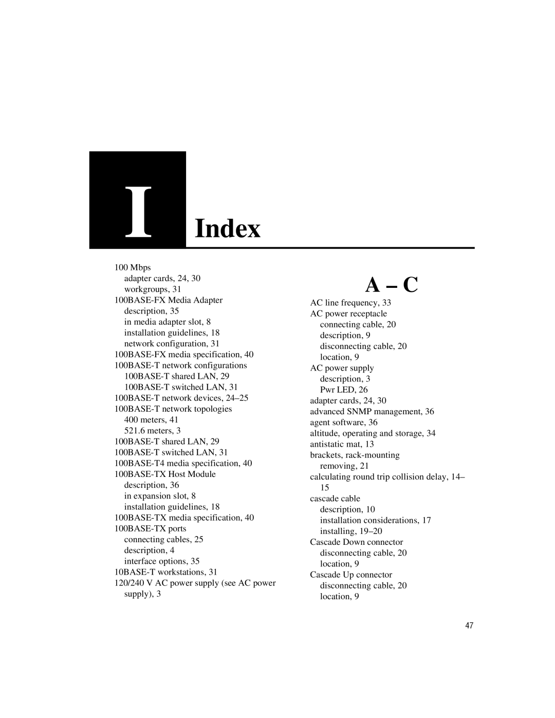Intel 100BASE-TX manual Index, A - C 