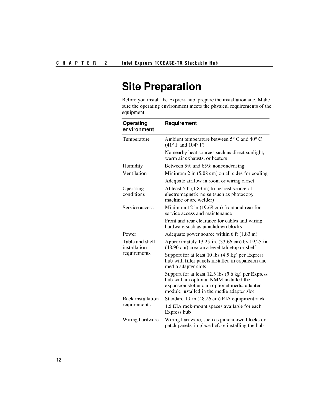 Intel 100BASE-TX manual Site Preparation, Operating Requirement Environment 