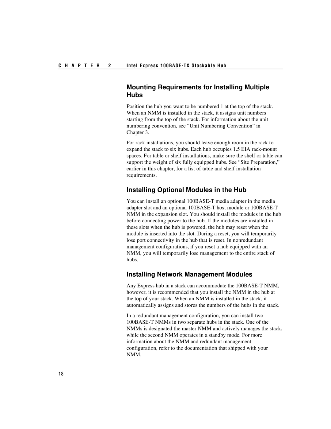 Intel 100BASE-TX manual Mounting Requirements for Installing Multiple Hubs, Installing Optional Modules in the Hub 