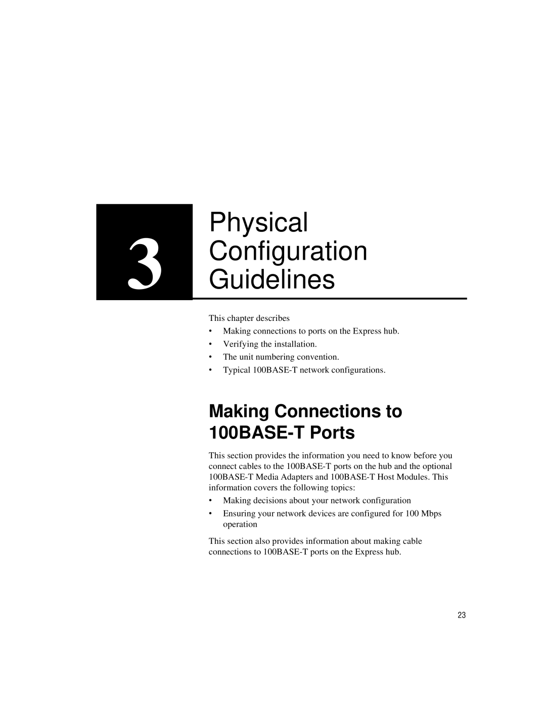 Intel 100BASE-TX manual Physical Configuration Guidelines, Making Connections to 100BASE-T Ports 