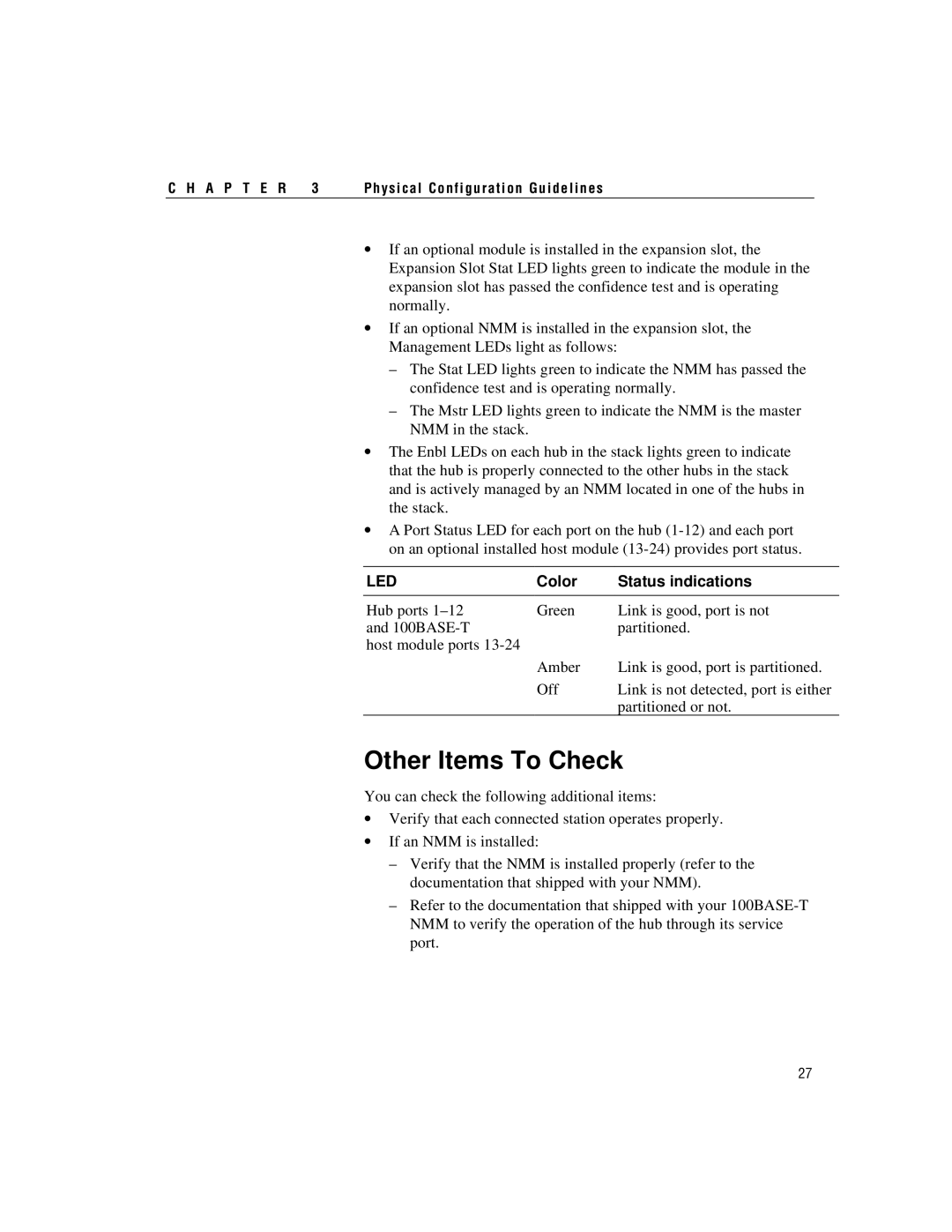 Intel 100BASE-TX manual Other Items To Check, Color Status indications 