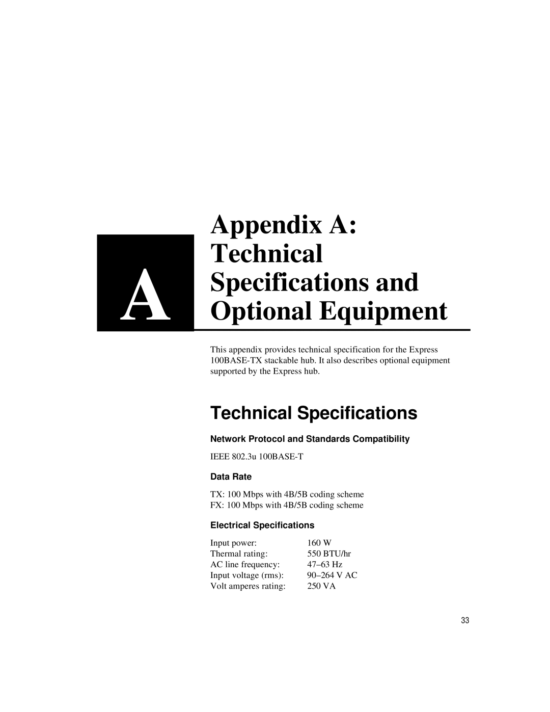 Intel 100BASE-TX Appendix a Technical Specifications Optional Equipment, Network Protocol and Standards Compatibility 