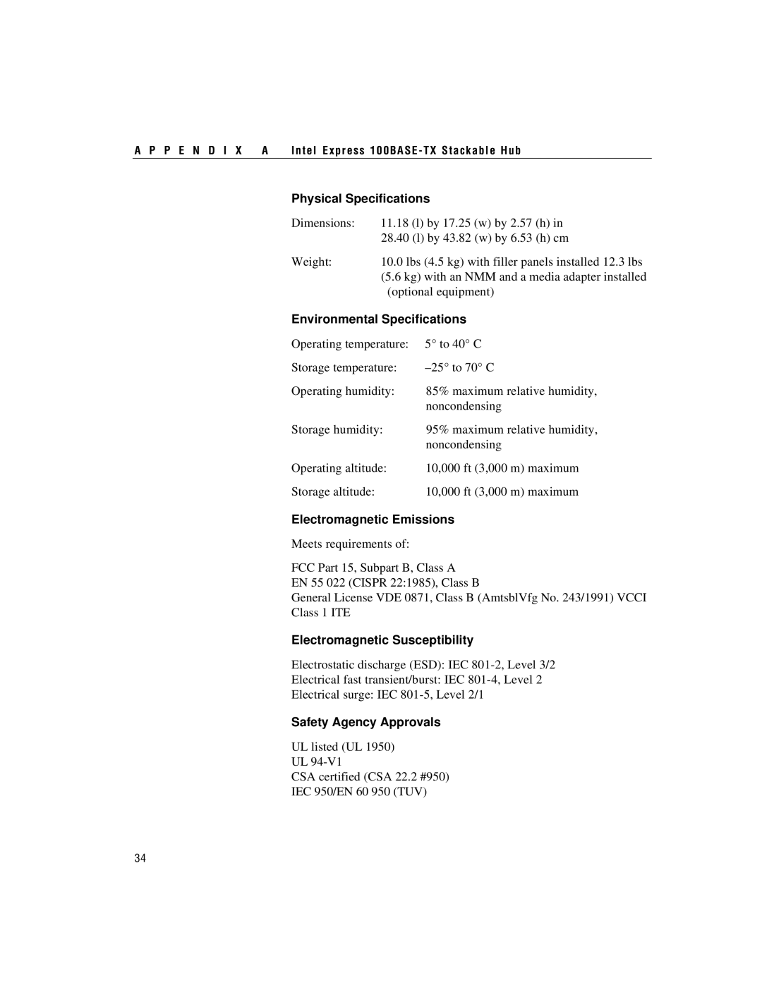 Intel 100BASE-TX Physical Specifications, Environmental Specifications, Electromagnetic Emissions, Safety Agency Approvals 