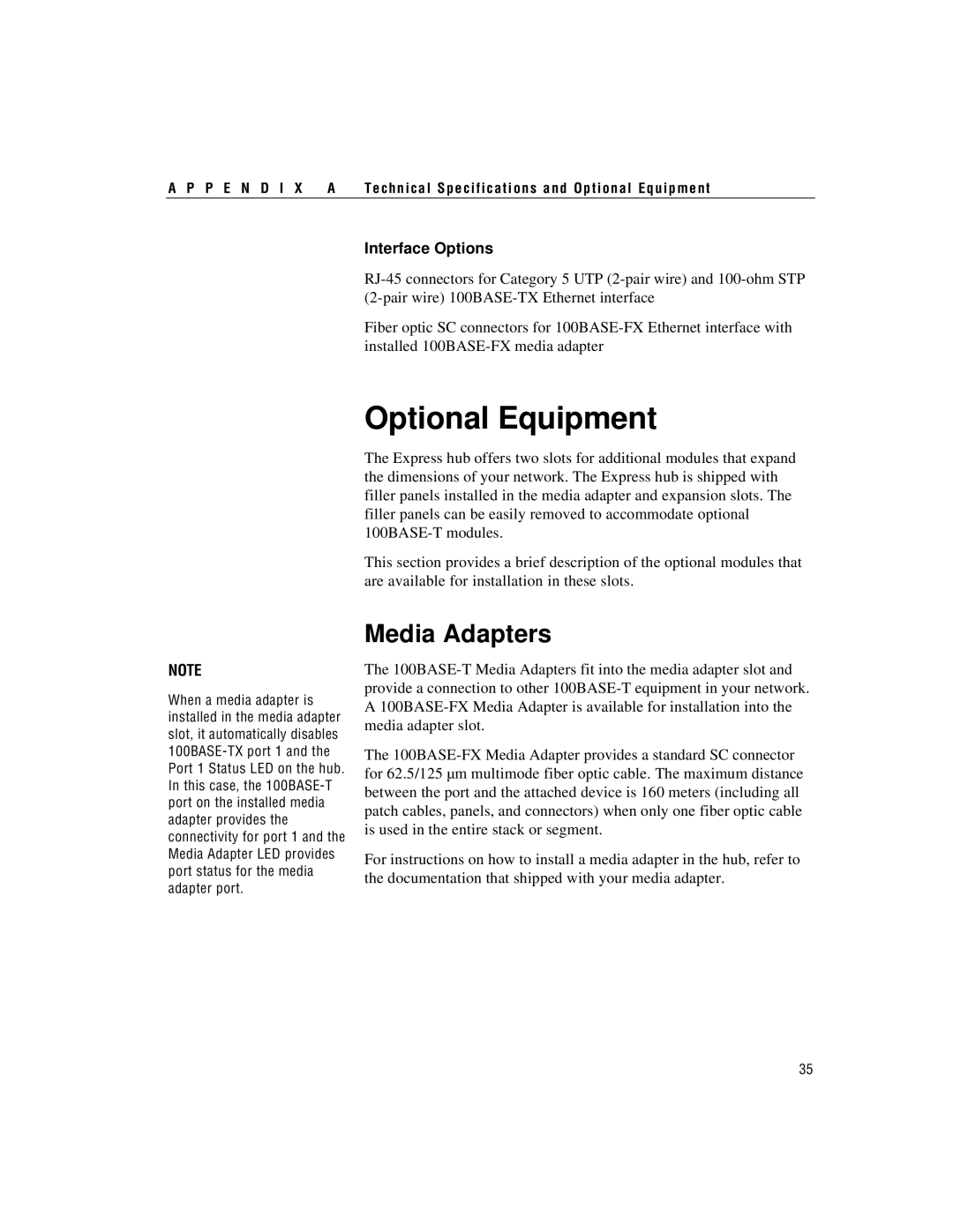 Intel 100BASE-TX manual Optional Equipment, Media Adapters, Interface Options 