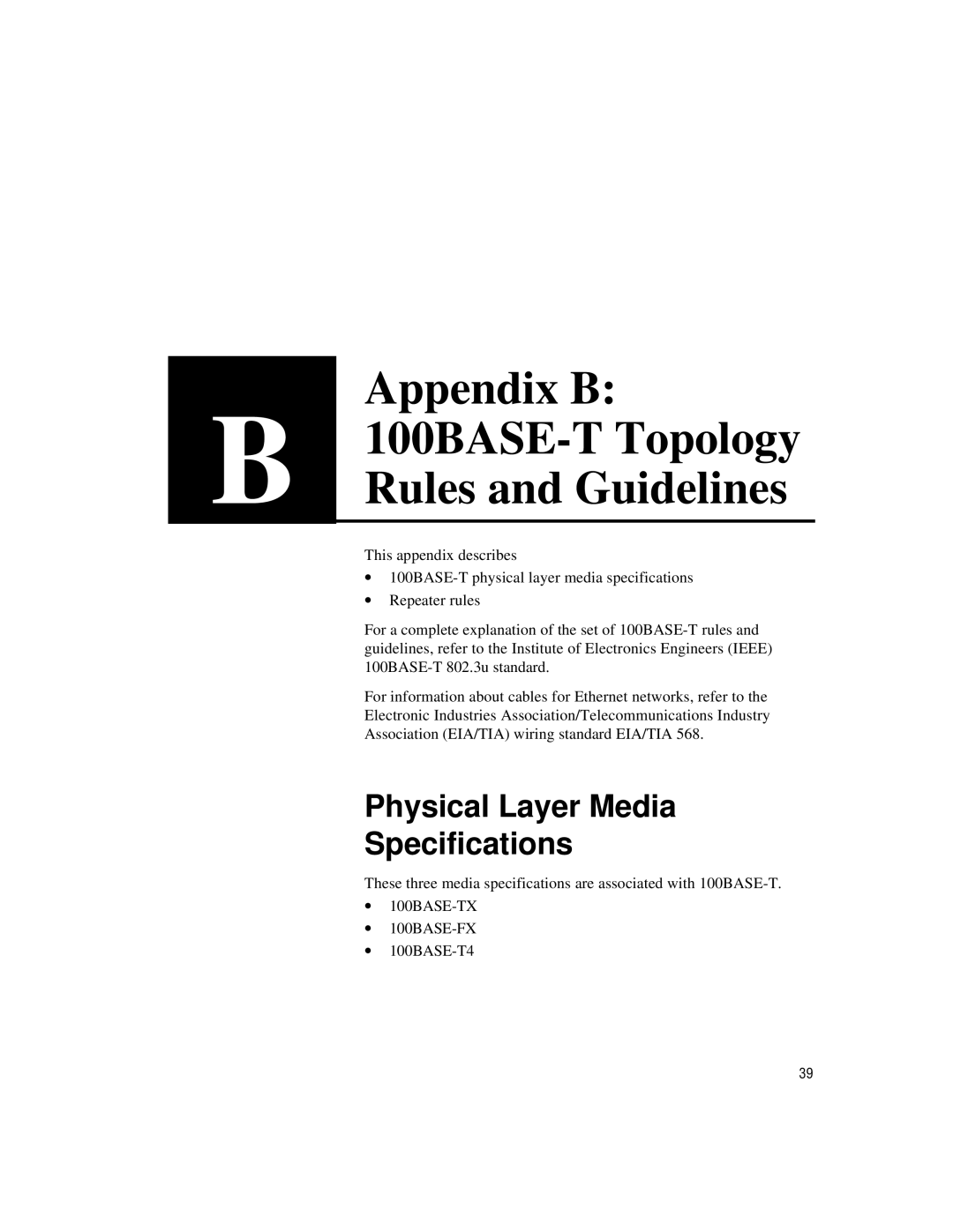 Intel 100BASE-TX manual Appendix B 100BASE-T Topology Rules and Guidelines, Physical Layer Media Specifications 