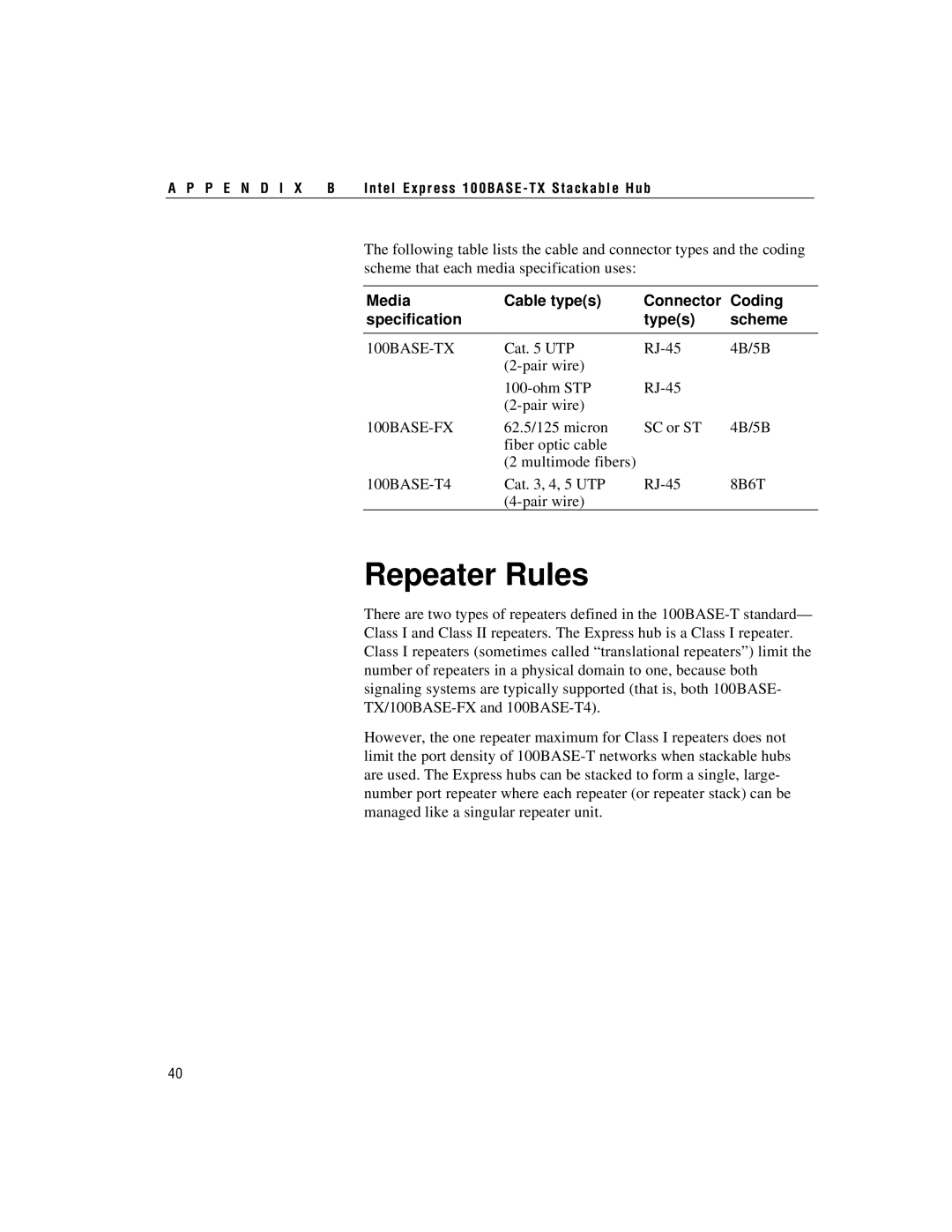 Intel 100BASE-TX manual Repeater Rules, 100BASE-FX 