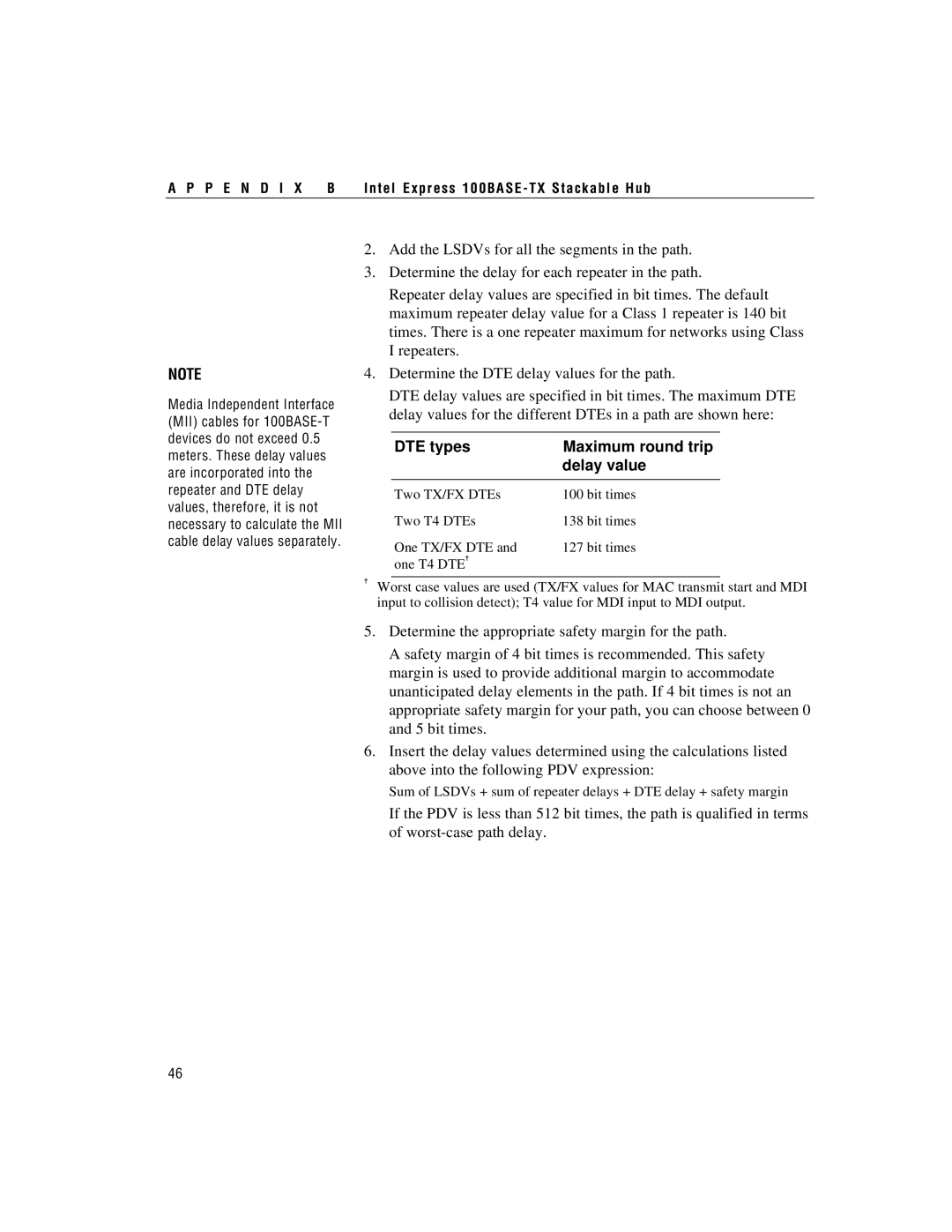 Intel 100BASE-TX manual DTE types Maximum round trip Delay value 