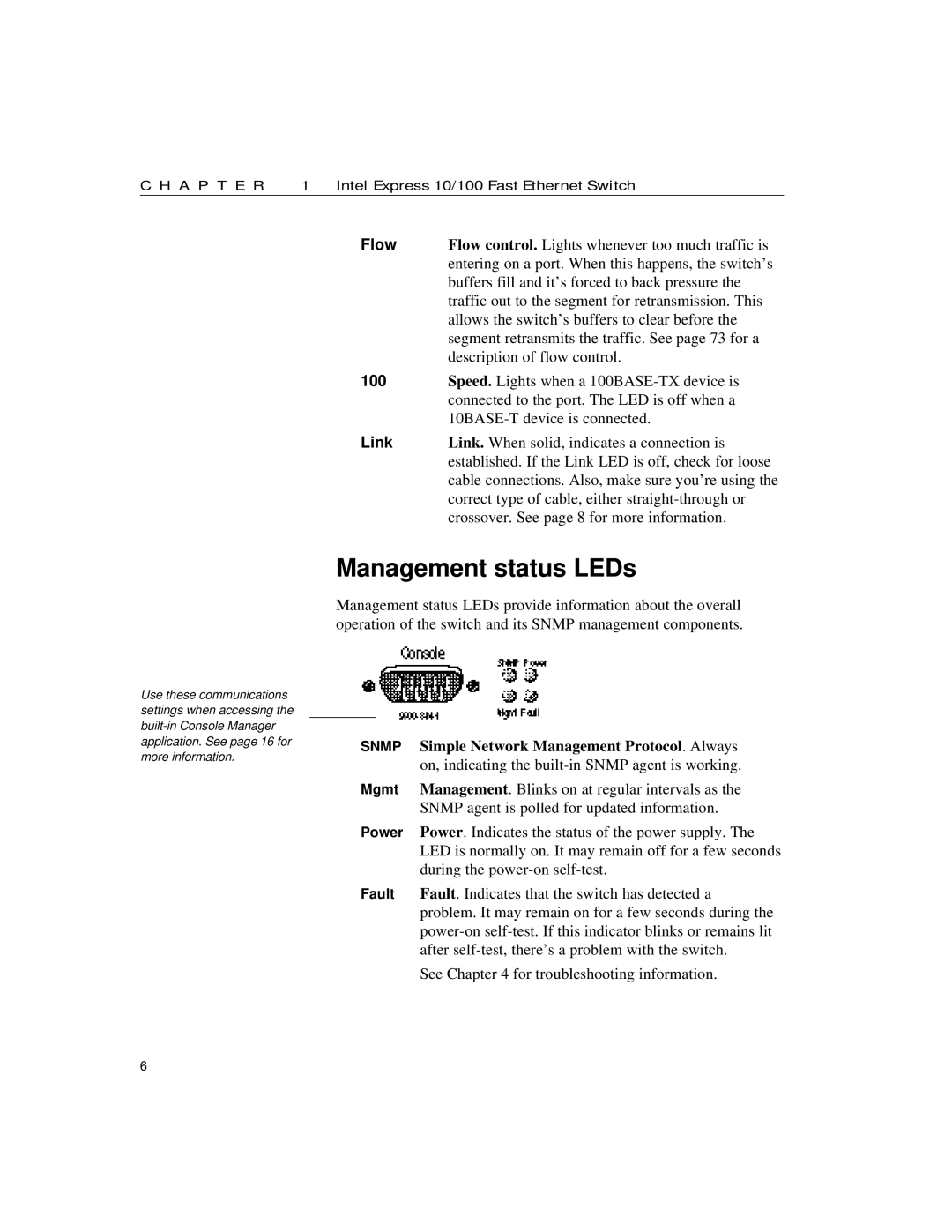 Intel 10/100 manual Management status LEDs, Link 