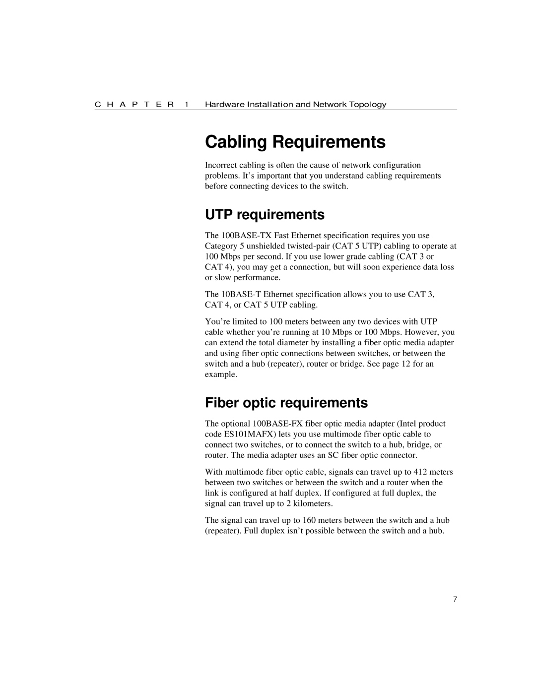 Intel 10/100 manual Cabling Requirements, UTP requirements, Fiber optic requirements 