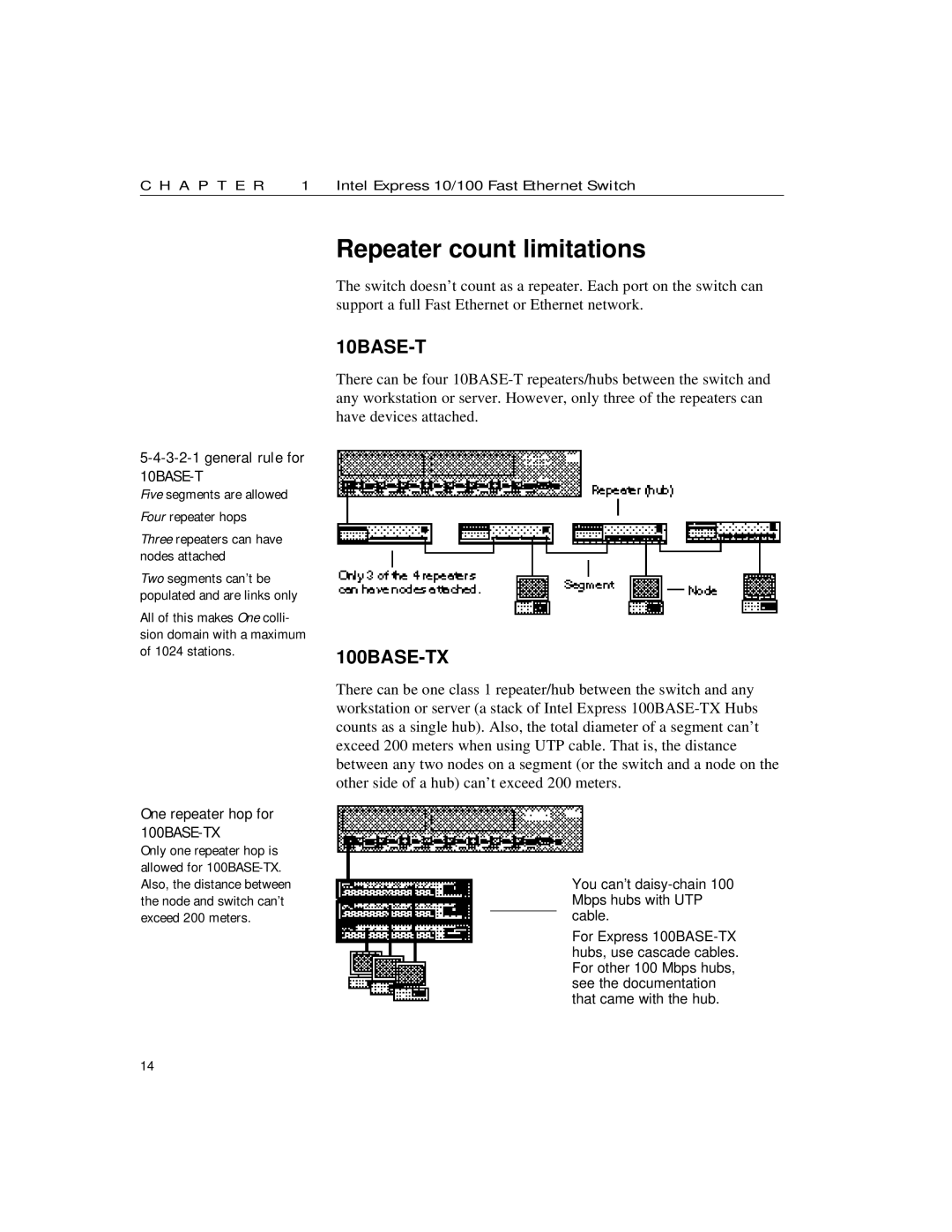 Intel 10/100 manual Repeater count limitations, General rule for, One repeater hop for 