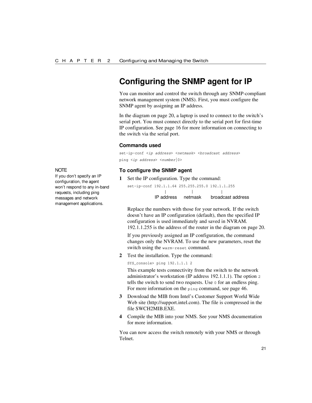 Intel 10/100 manual Configuring the Snmp agent for IP, Commands used, To configure the Snmp agent 