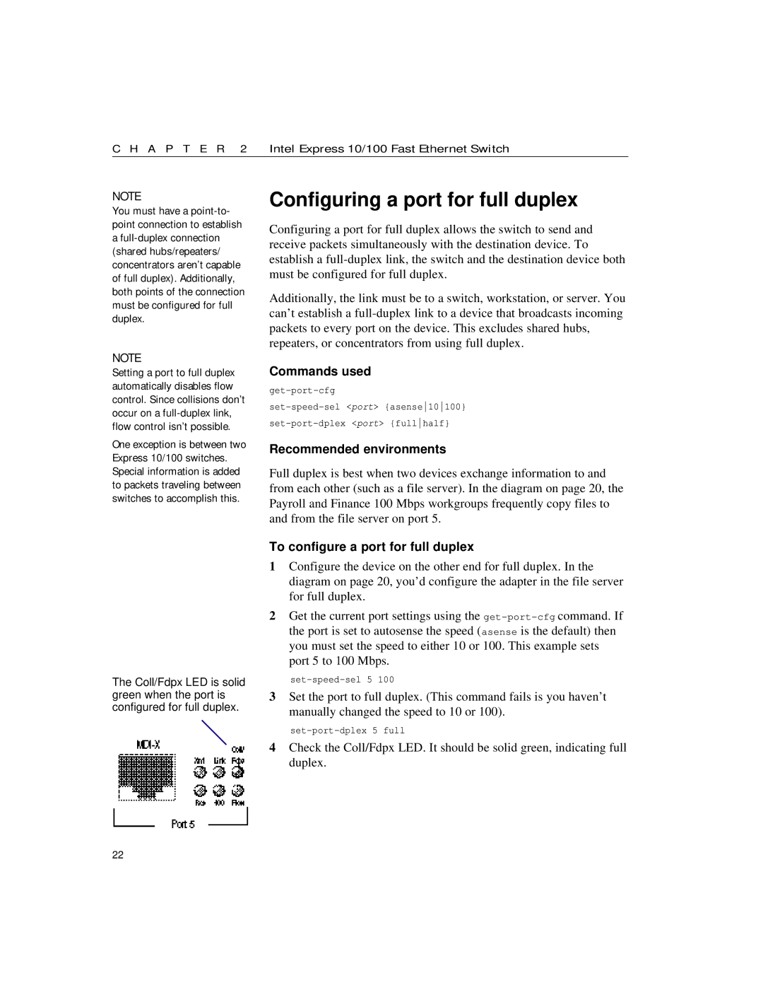 Intel 10/100 manual Configuring a port for full duplex, Recommended environments, To configure a port for full duplex 