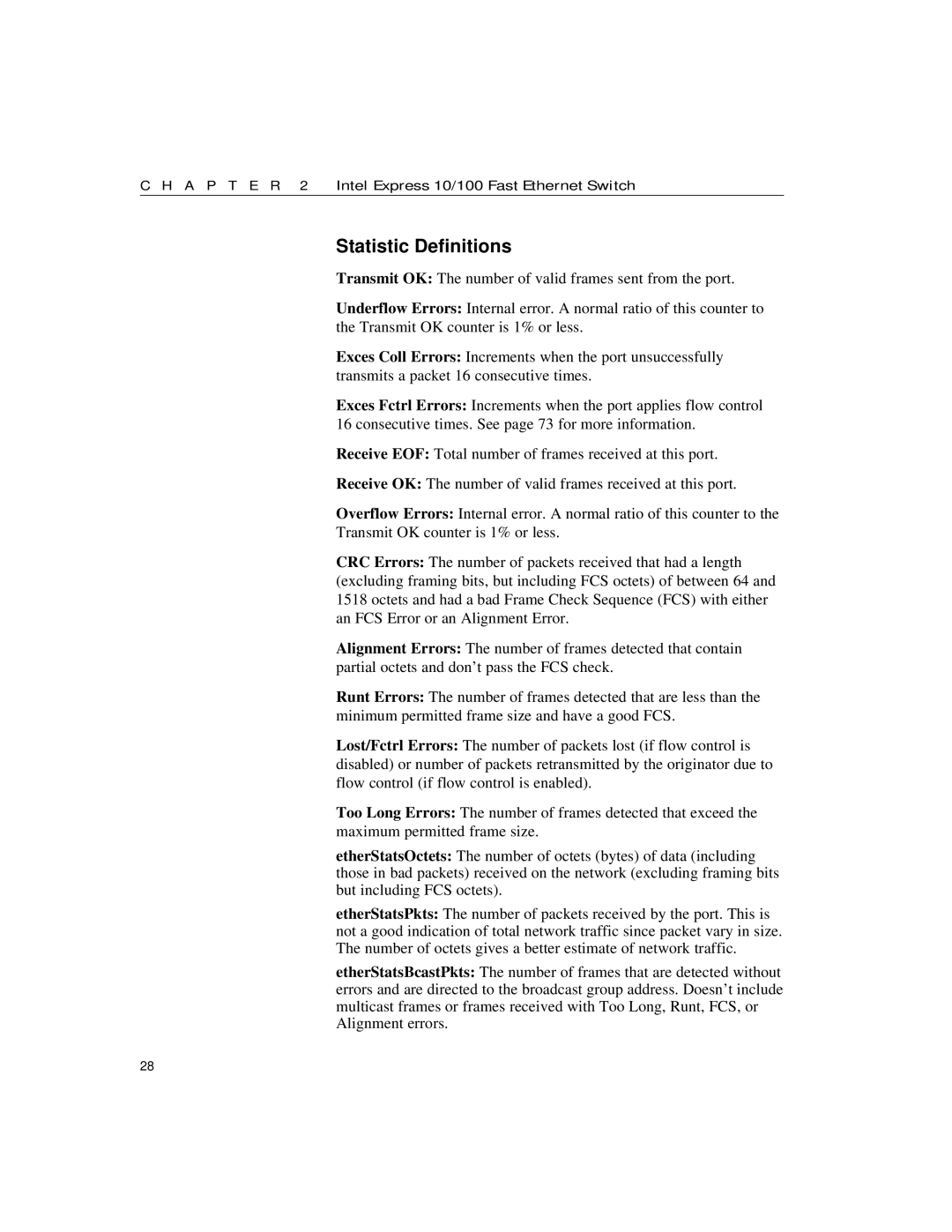 Intel 10/100 manual Statistic Definitions 