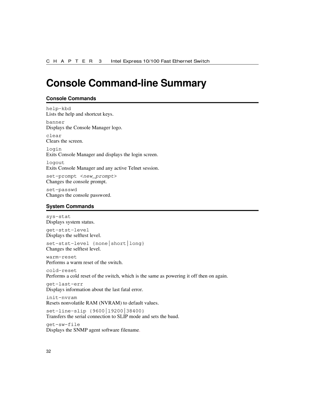 Intel 10/100 manual Console Command-line Summary, Console Commands, System Commands 