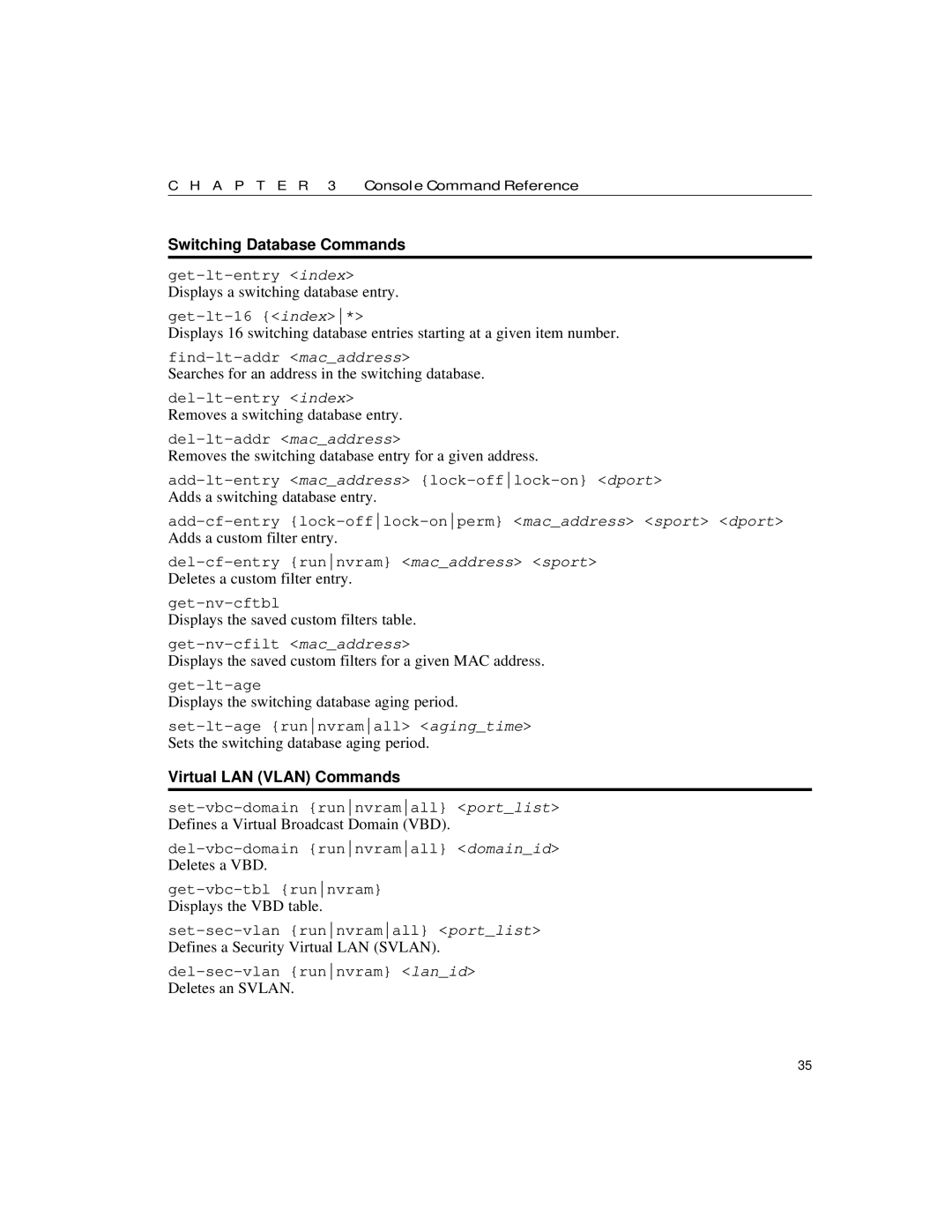 Intel 10/100 manual Switching Database Commands, Virtual LAN Vlan Commands 