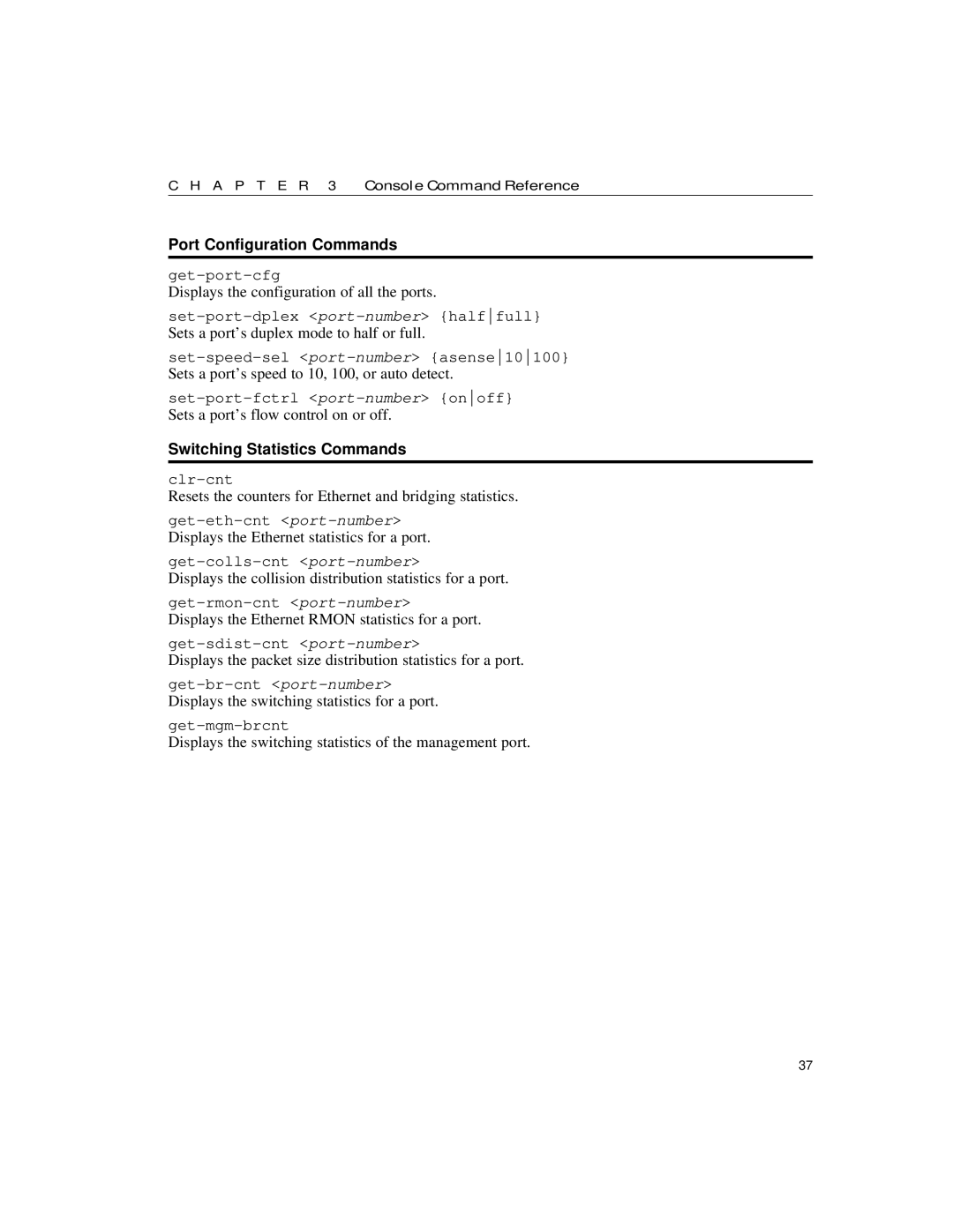 Intel 10/100 manual Port Configuration Commands, Switching Statistics Commands 