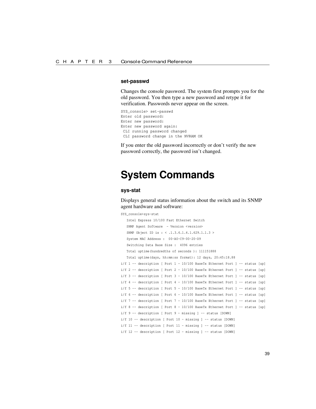 Intel 10/100 manual System Commands, Set-passwd, Sys-stat 