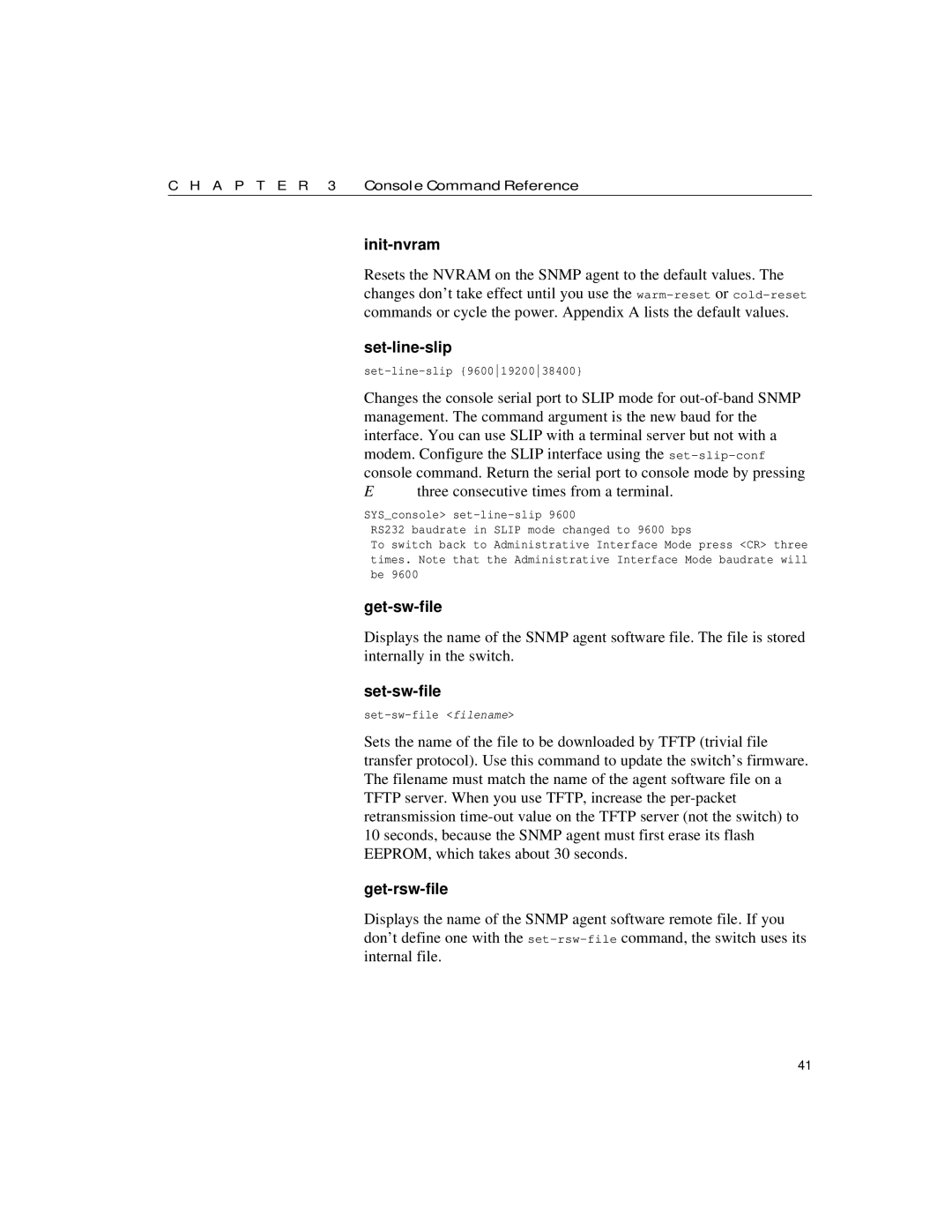 Intel 10/100 manual Init-nvram, Set-line-slip, Get-sw-file, Set-sw-file, Get-rsw-file 