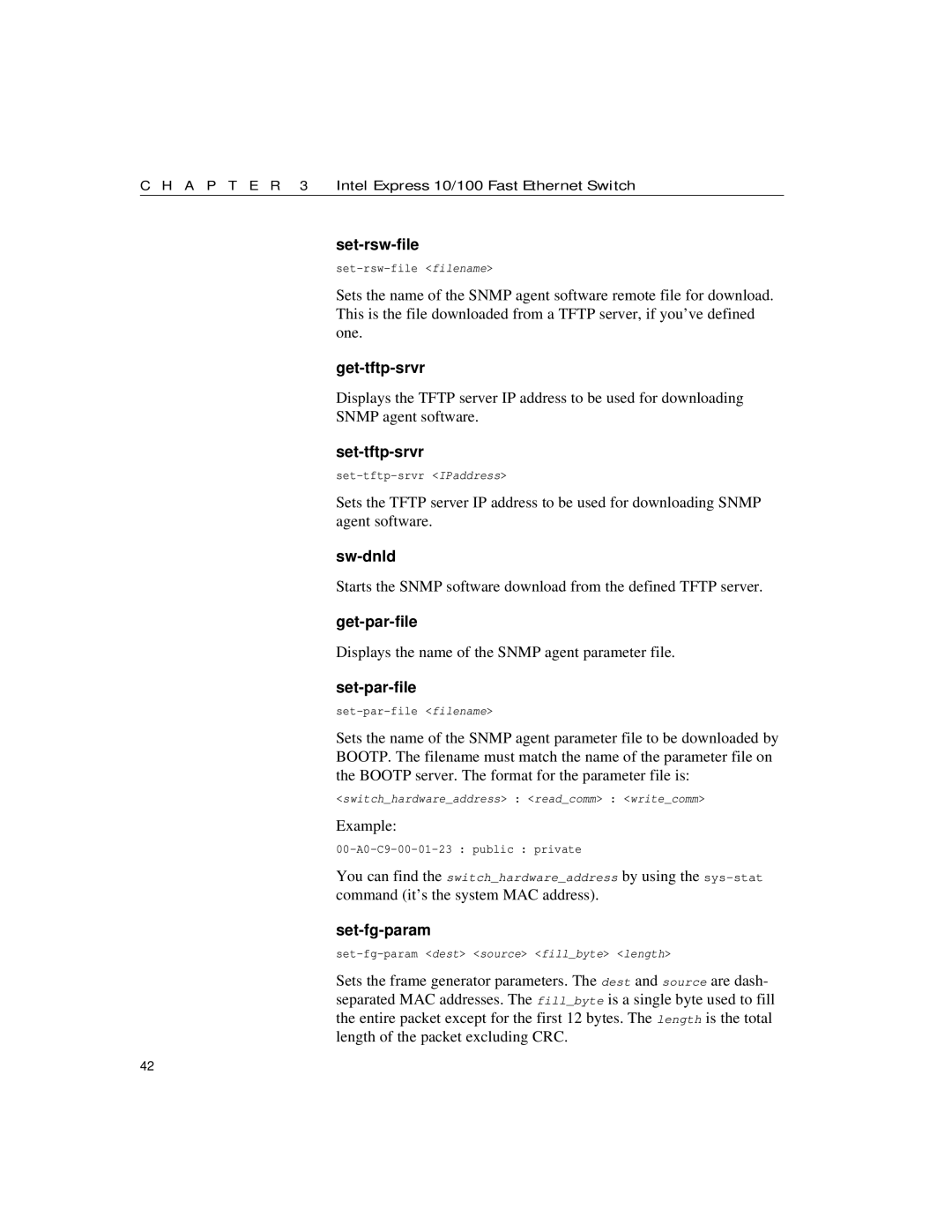 Intel 10/100 manual Set-rsw-file, Get-tftp-srvr, Set-tftp-srvr, Sw-dnld, Get-par-file, Set-par-file, Set-fg-param 