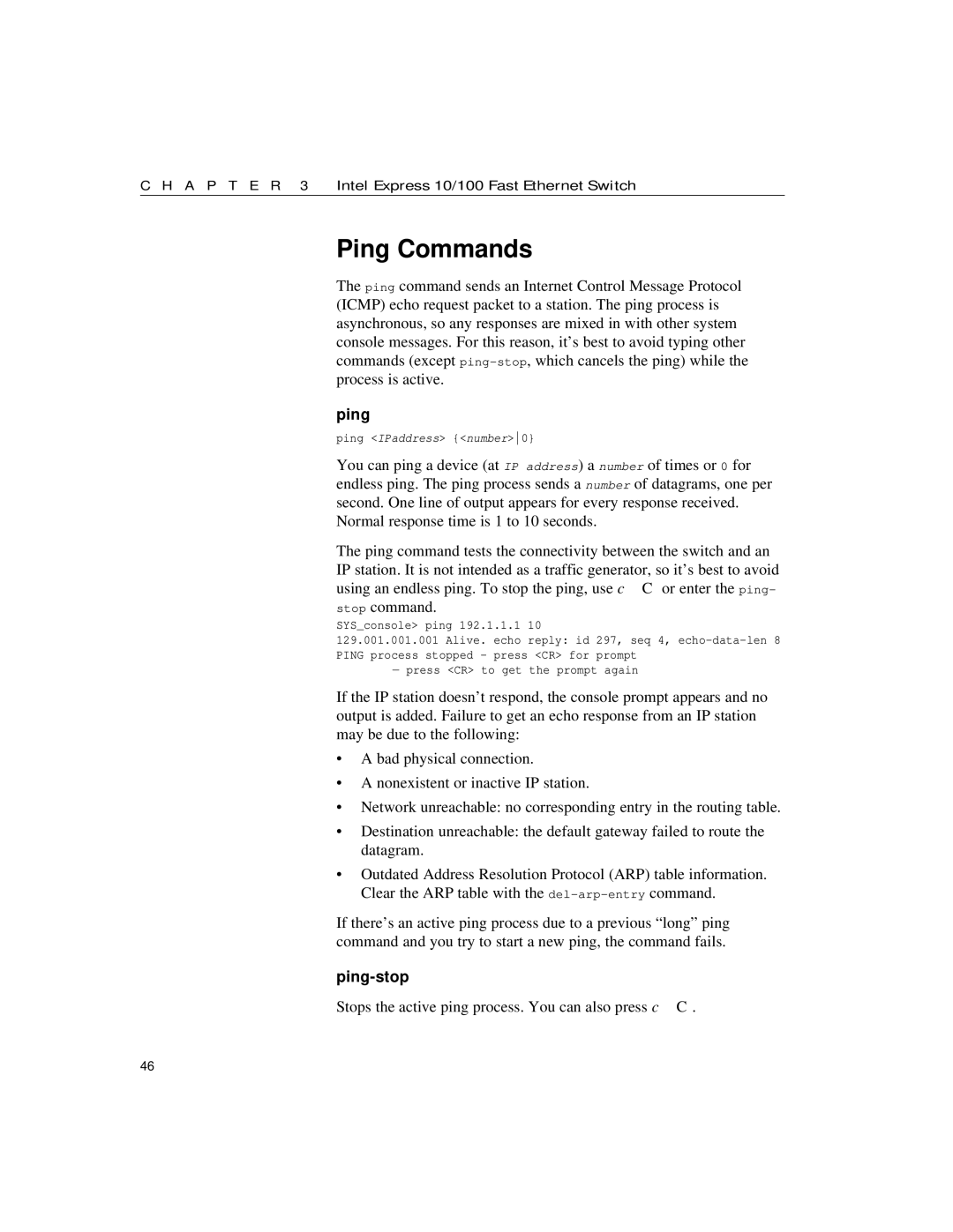 Intel 10/100 manual Ping Commands, Ping-stop, Stops the active ping process. You can also press cC 