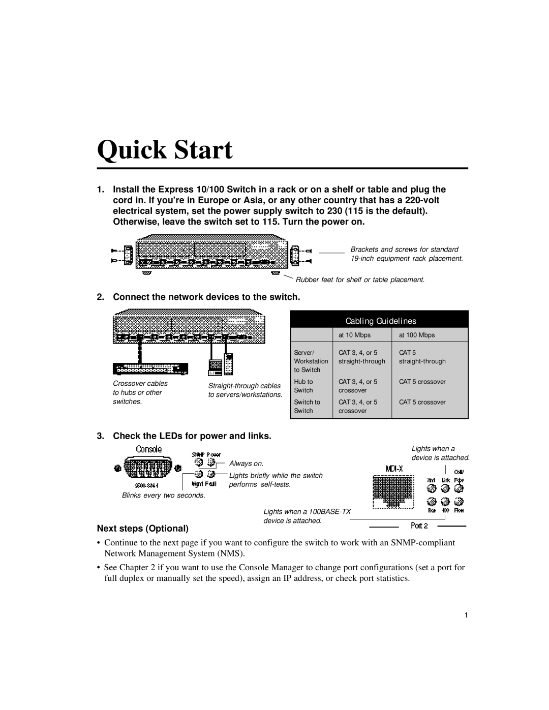 Intel 10/100 manual Connect the network devices to the switch, Check the LEDs for power and links, Next steps Optional 