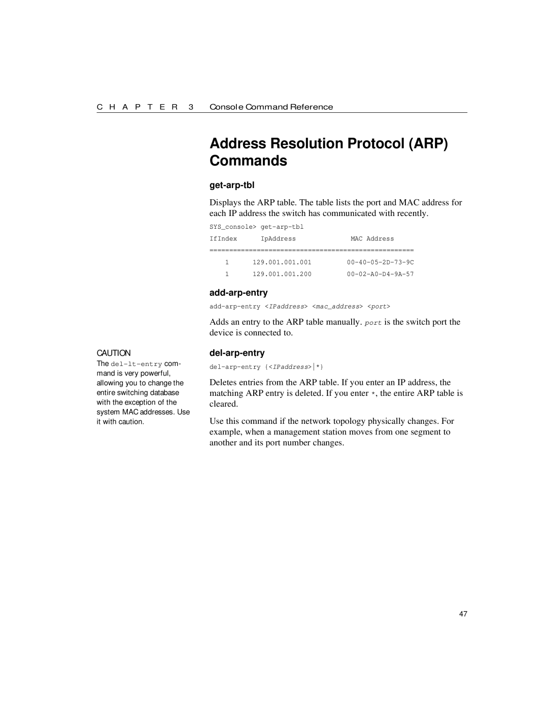 Intel 10/100 manual Address Resolution Protocol ARP Commands, Get-arp-tbl, Add-arp-entry, Del-arp-entry 