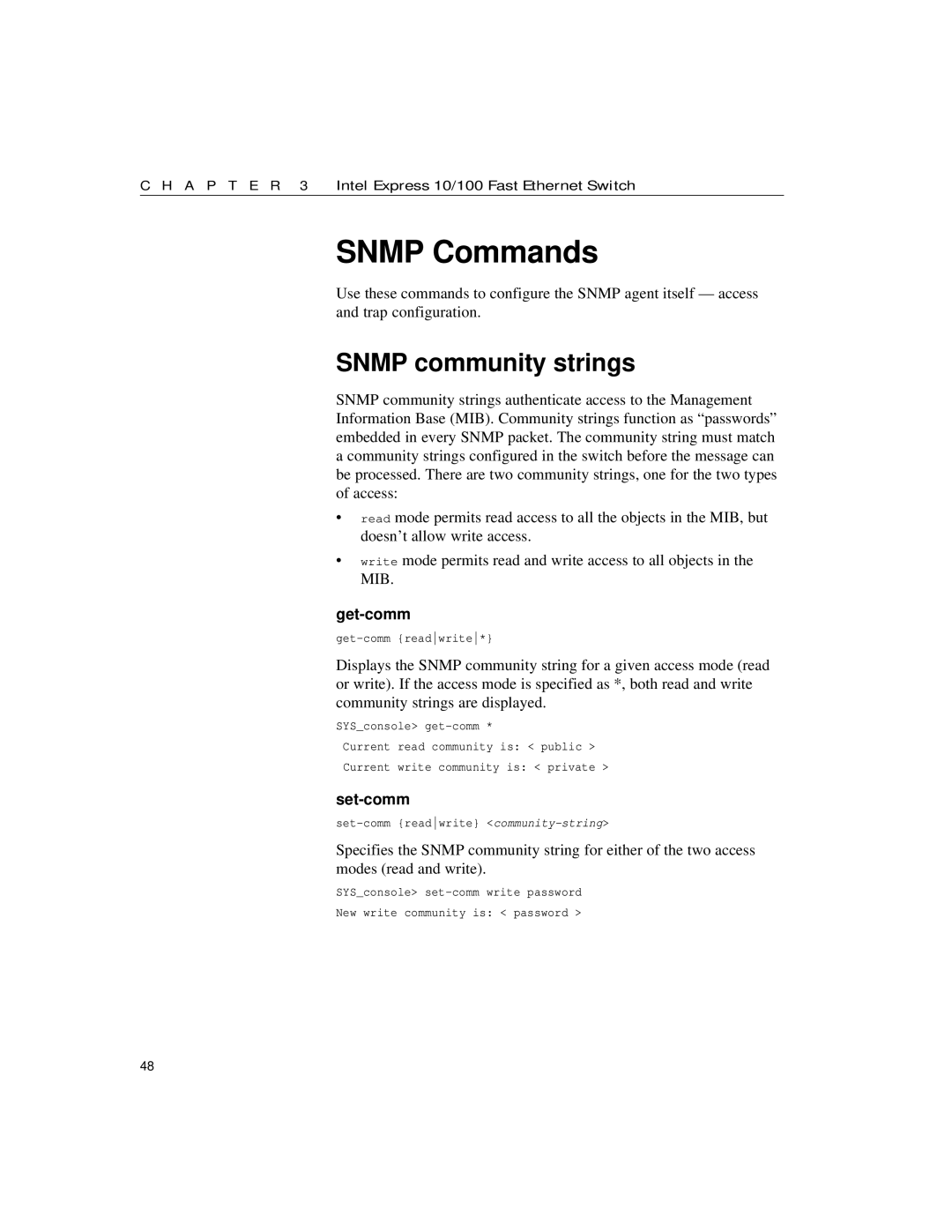 Intel 10/100 manual Snmp Commands, Snmp community strings, Get-comm, Set-comm 