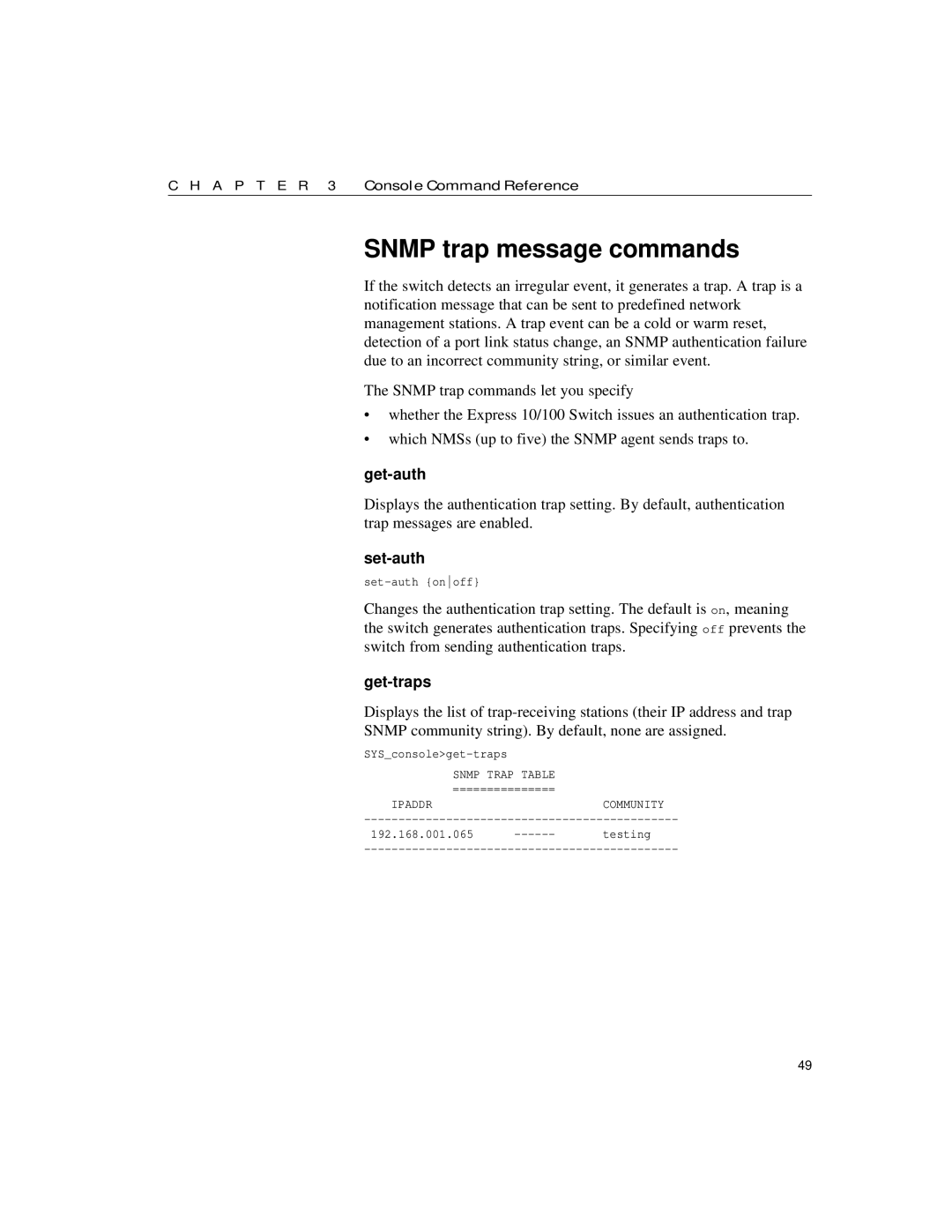 Intel 10/100 manual Snmp trap message commands, Get-auth, Set-auth, Get-traps 