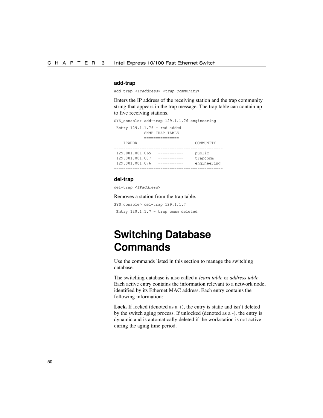 Intel 10/100 manual Switching Database Commands, Add-trap, Del-trap, Removes a station from the trap table 