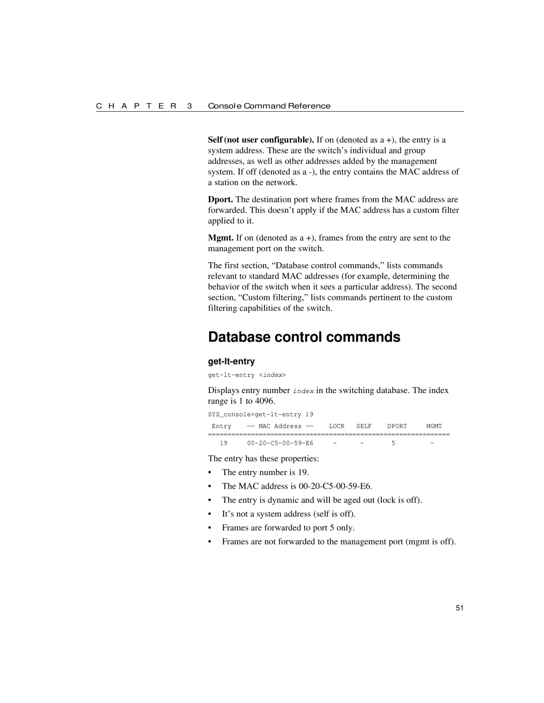 Intel 10/100 manual Database control commands, Get-lt-entry 