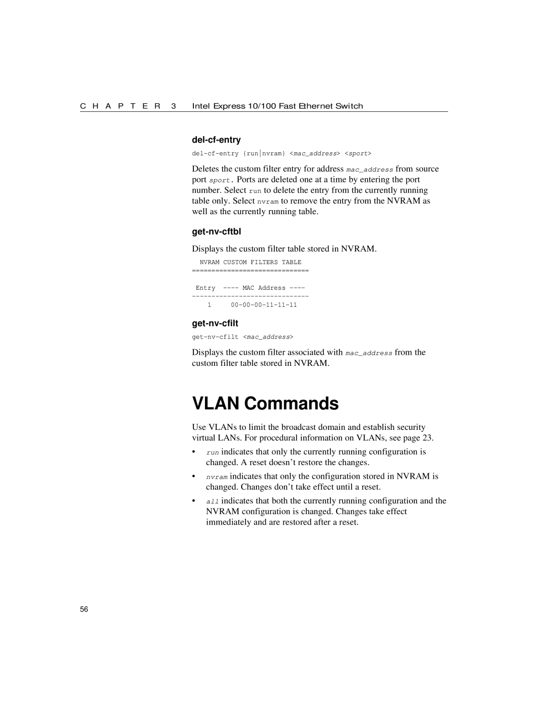 Intel 10/100 Vlan Commands, Del-cf-entry, Get-nv-cftbl, Displays the custom filter table stored in Nvram, Get-nv-cfilt 