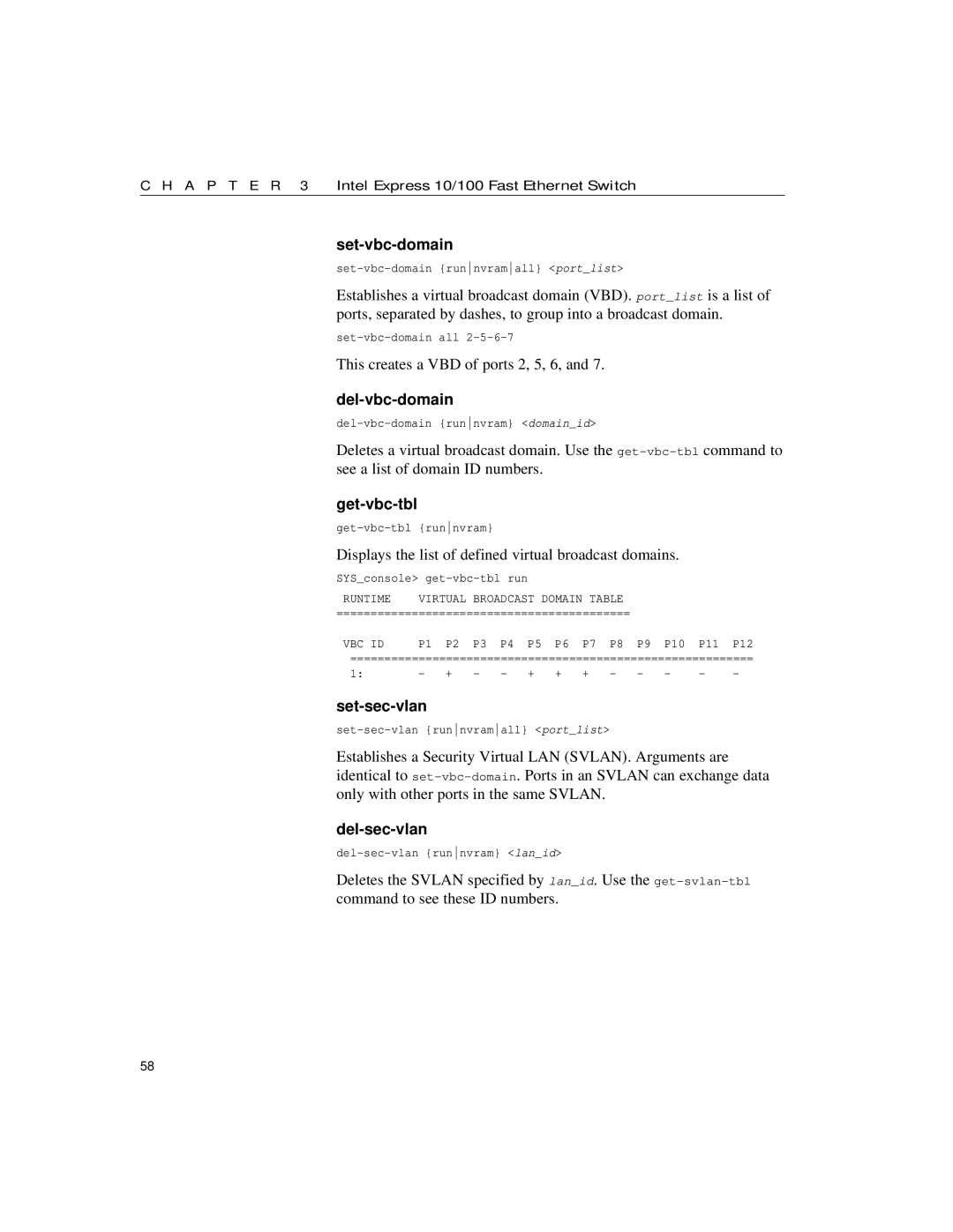 Intel 10/100 manual Set-vbc-domain, Del-vbc-domain, Get-vbc-tbl, Set-sec-vlan, Del-sec-vlan 