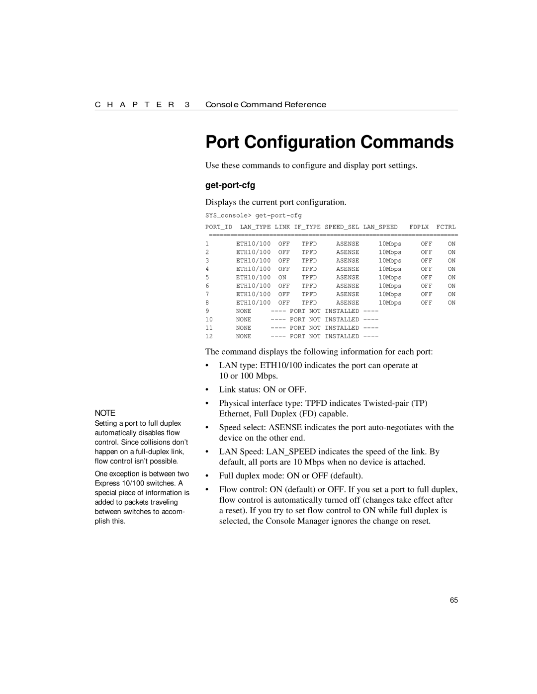 Intel 10/100 manual Port Configuration Commands, Use these commands to configure and display port settings, Get-port-cfg 