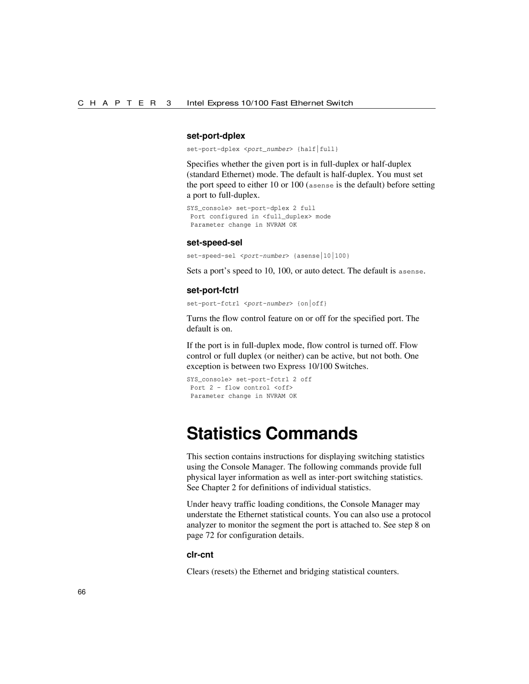 Intel 10/100 manual Statistics Commands, Set-port-dplex, Set-speed-sel, Set-port-fctrl, Clr-cnt 