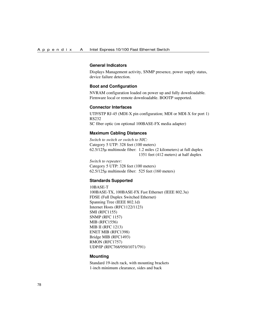 Intel 10/100 manual General Indicators, Boot and Configuration, Connector Interfaces, Maximum Cabling Distances, Mounting 