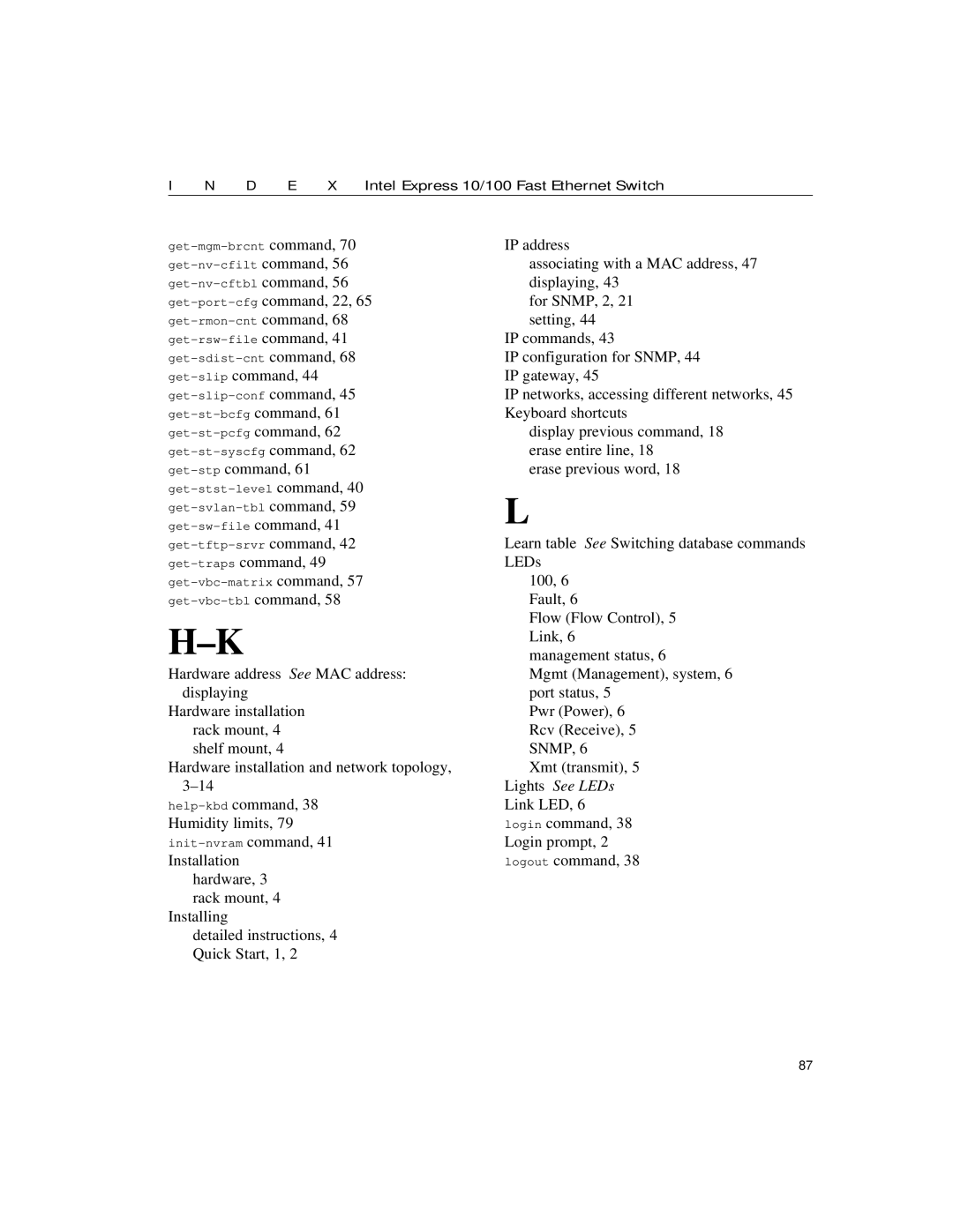 Intel 10/100 manual Get-port-cfgcommand, 22, Get-slipcommand, Get-stpcommand, Get-trapscommand 